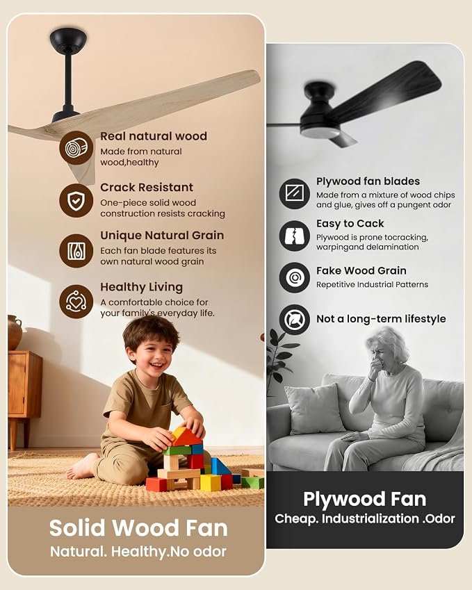 Skylike 60in Modern Wood Ceiling Fan No Light with Remote for Bedroom-Light | Real Wood Blades,Quiet DC Motor,Reversible,Beep-Off Function,6 Speeds,3 Timers,12" downrod ,Indoor and Outdoor