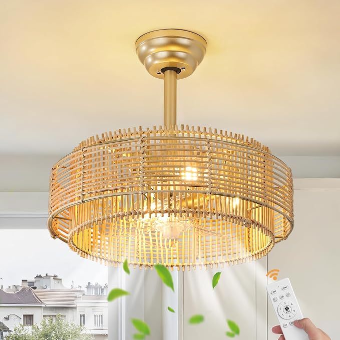 KAISITE Boho Caged Ceiling Fan with Light and Remote Control 19" Rattan Fandelier 6 Speeds Bladeless Ceiling Fan Semi Flush Mount Chandelier Fan for Bedroom Living Room Nursery