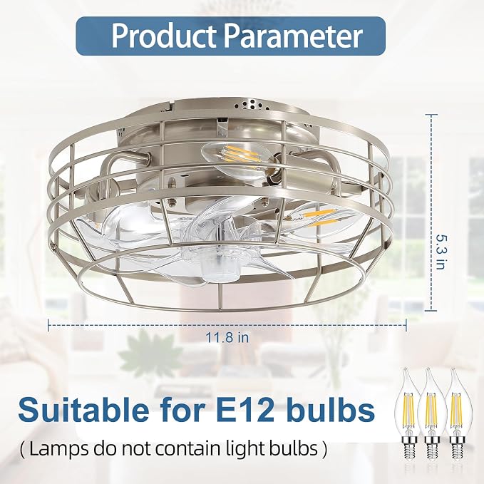 Caged Ceiling Fan with Light and Remote, Flush Mount Fan Lights Ceiling Fixture, Modern Bladeless 12 in 6 Speeds Fans with Lights for Kitchen, Bedroom, Living Room, Brushed Nickel