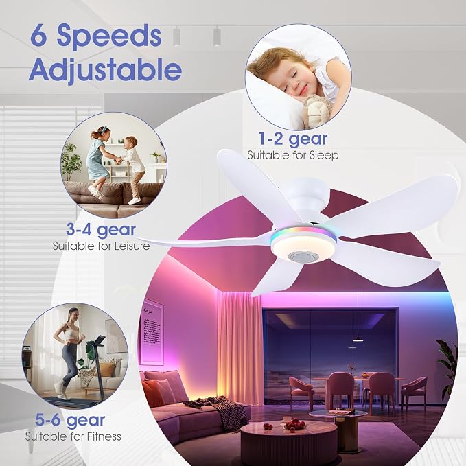 Kviflon 46" Ceiling Fans with RGB Lights Remote/APP Control, Flush Mount, 3 CCT Dimmable White Lights+RGB Ring Lights+Music Player, 5 Reversible Plastic Blades 6 Speeds for Party Bar, White