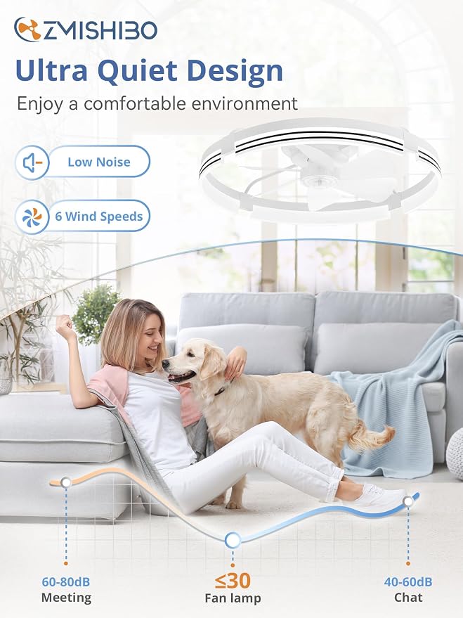 ZMISHIBO 24 Inch Low Profile Ceiling Fans with Lights and Remote, 3000K-6000K Dimmable Fandelier LED Fan Light, Flush Mount Ceiling Fan with Light, 6 Wind Speeds Ceiling Fans for Bedroom- White