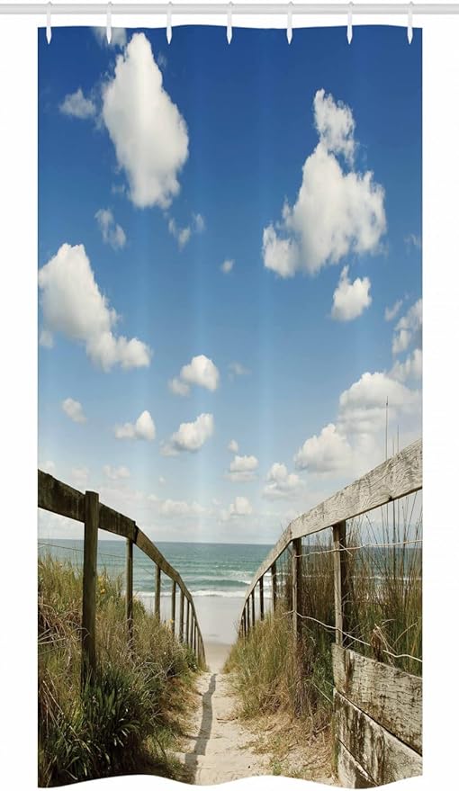 Ambesonne Beach Stall Shower Curtain, Sandy Path Leads to Ocean Pacific Puffy Clouds Vacation Serene Relaxing Beach, Fabric Bathroom Decor Set with Hooks, 36" W x 72" L, White Cream