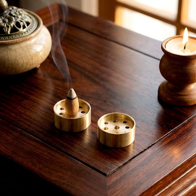 2 Pack Incense Holder Brass Incense Holder 9 Holes Small Retro Copper Burner Accessories for Meditation Spa Room Home Office