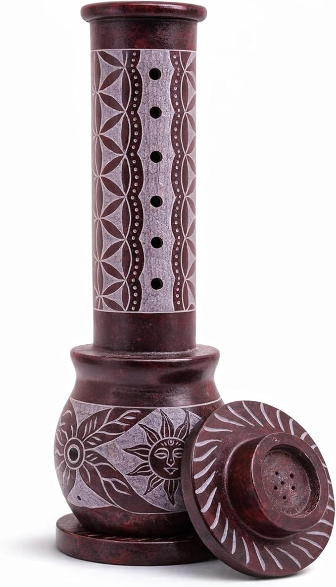 Marble Handmade Soapstone Red Incense Stick Holder | Candle Burner | Tea Light Holder - Round Jaali Carving for Gifting. Decorative Home and Office Decor - (3 X 3 X 10 Inches)