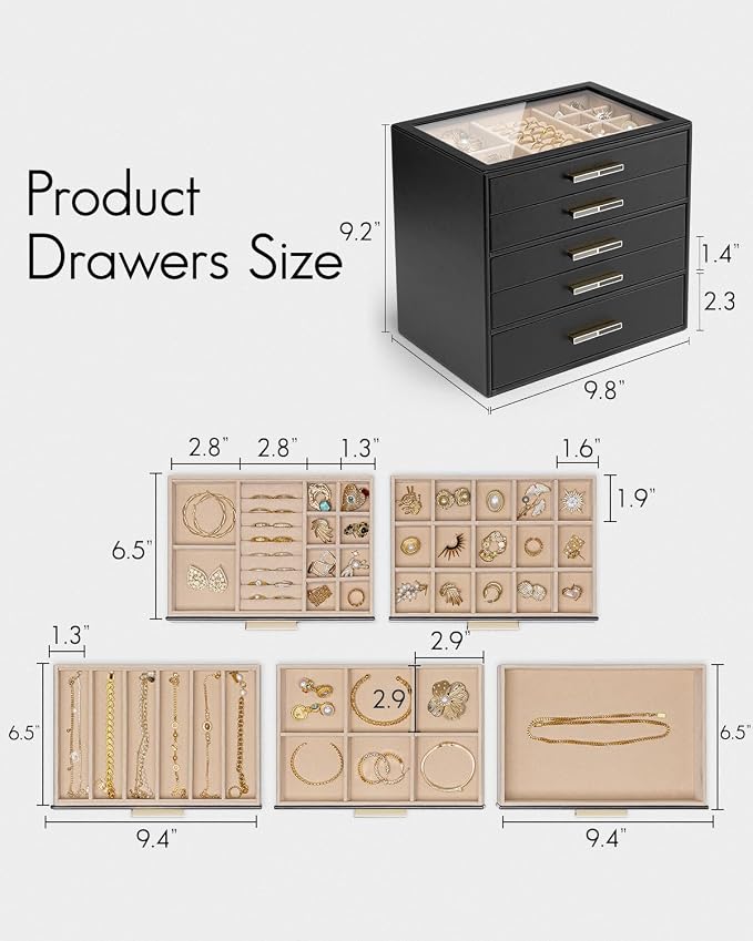 VLANDO 5 Layer Jewelry Box for Women, Glass Lid Jewelry Organizer with 5 Drawers for Necklaces Rings Earrings Bracelets - Black