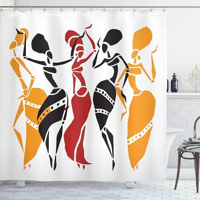 Ambesonne African Shower Curtain, Lady Dancers Body Silhouettes Motion Pose Exotic Characters Theme, Cloth Fabric Bathroom Decor Set with Hooks, 69" W x 70" L, Mustard White