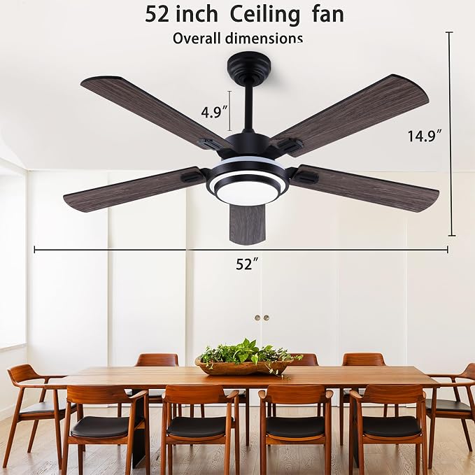QUTWOB 52" Brushed Nickel Ceiling Fans,Farmhouse 5 Blades Ceiling Fans with Lights, Indoor/Outdoor Ceiling Fan with Remote Control for Patio, Bedroom,Living Room,Dining Room,etc. (Black)