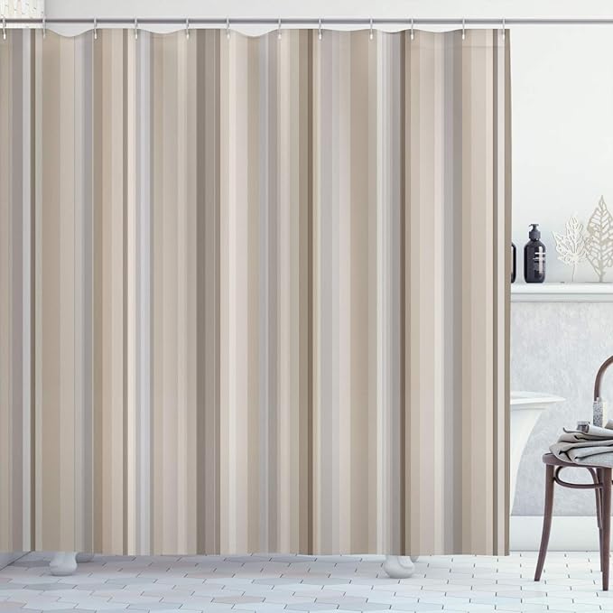 Ambesonne Stripes Shower Curtain, Abstract Ocean Inspired Palette Lines Geometrical Image Illustration, Cloth Fabric Bathroom Decor Set with Hooks, 75" Long, Pale Sepia