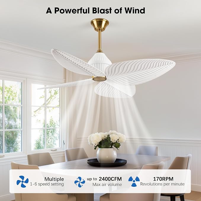 52" Tropical Ceiling Fans, Flush Mount Palm Leaf Ceiling Fan no Light, Indoor Ceiling Fans Without Light for Living Room Bedroom Kitchen Covered Gazebo, APP and Remote Control-White Gold