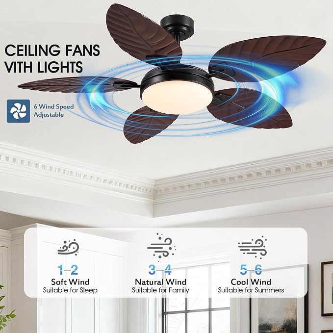 GJeg Tropical Ceiling Fans with Lights and Remote,52Inch Outdoor Palm Leaf Ceiling Fan for Patios Porch Bedroom, Dimmable LED Light, 6 Speeds, Reversible,Dark Brown