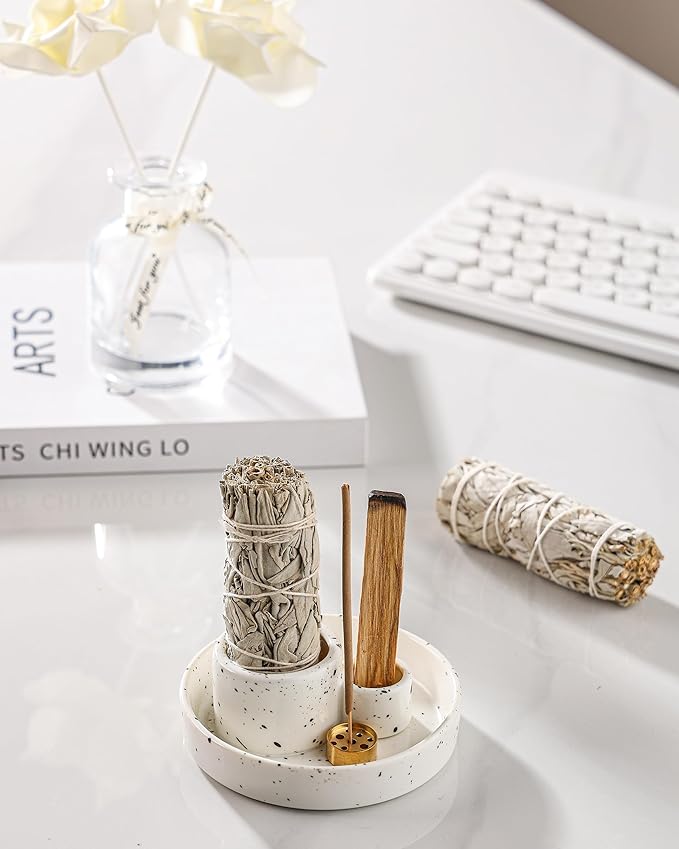 Ceramic Incense Holder, Palo Santo and Sage Holder, Vertical Stick Incense Burner, Inscents Ash Catcher for Spa Yoga Meditation Home Decor, Modern Minimalist White