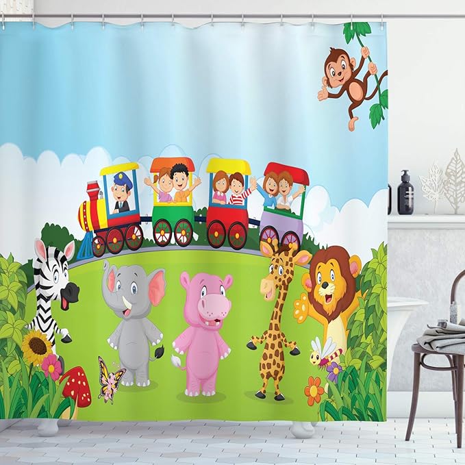 Ambesonne Cartoon Shower Curtain, Funny Cartoon Design Happy on a Choo Train Savannah Animals Art Forest Print, Cloth Fabric Bathroom Decor Set with Hooks, 69" W x 84" L, Multicolor Soft Blue