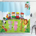 Ambesonne Cartoon Shower Curtain, Funny Cartoon Design Happy on a Choo Train Savannah Animals Art Forest Print, Cloth Fabric Bathroom Decor Set with Hooks, 69" W x 70" L, Multicolor Soft Blue