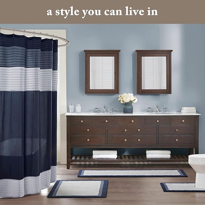 Madison Park Amherst Bathroom Shower Curtain Faux Silk Pieced Striped Modern Microfiber Bath Curtains, 72x72 Inches, Natural