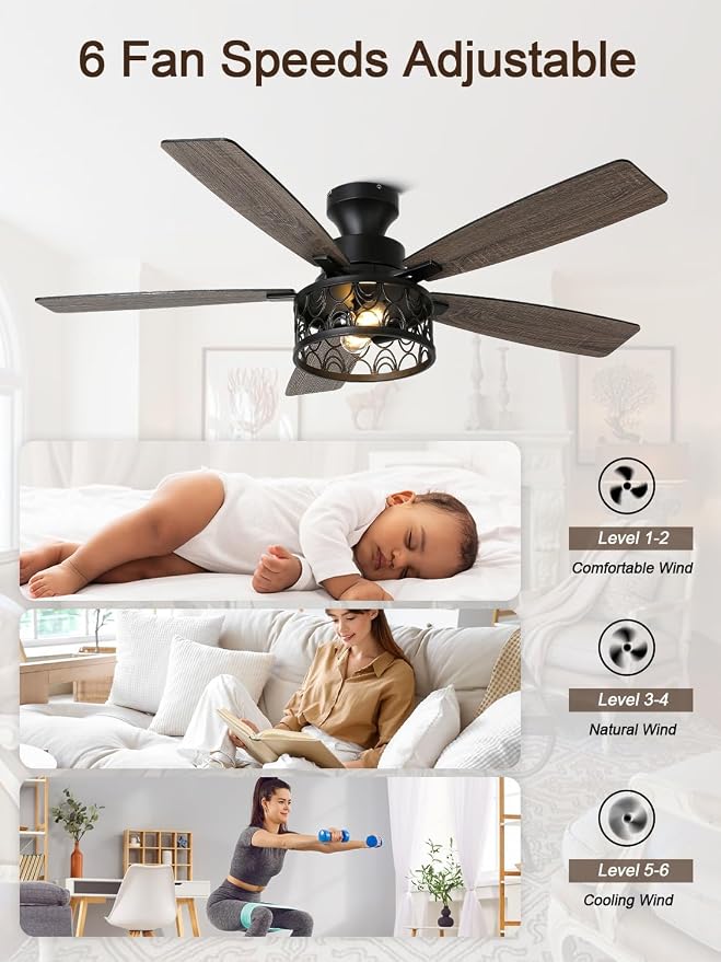 52" Farmhouse Ceiling Fan with Lights Flush Mount Metal Caged | Remote Control Rustic Fandelier, Low Profile Chandelier Fan for Bedroom Dining Room, 5 Dual Blades, Reversible Quiet DC Motor