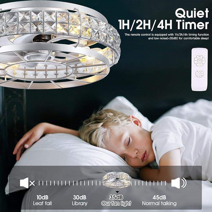 SHIHOT 18" Crystal Low Profile Caged Ceiling Fans with Lights and Remote | Safe Crystal Caged-Design,Supports Both Remote and APP,6 Wind Speeds, Reversible, Quiet DC Motor,Suits for Bedroom Kidsroom