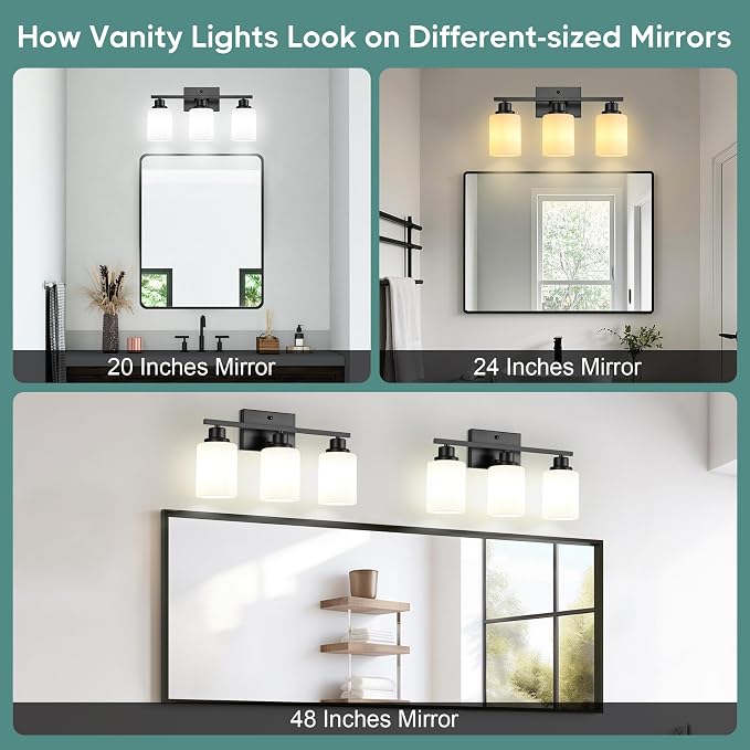 Ascher Bathroom Light Fixtures, 3-Light Vanity Light Over Mirror, Black Wall Sconces with Milky White Frosted Glass Shades, Wall Lamp for Living Room Bedroom, E26 Base(Bulbs Not Included)