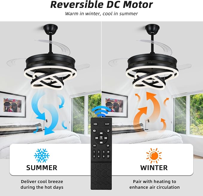 Retractable Ceiling Fan, 42 Inch Chandelier Ceiling Fans with Light, Modern Fandelier Ceiling Fan for Bedroom Living Room Dinning Room, Reverse Motor, 3 Color Temperature, 6 Wind Speed, Black