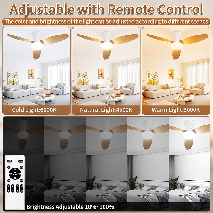 40 inch Ceiling Fan with Lights, Flush Mount with Remote Control | 3 Blades, 6 Speeds, Reversible Quiet DC Motor, Dimmable, 3000-6000K Adjustable, Timer, for Bedroom Dining Room Home Office