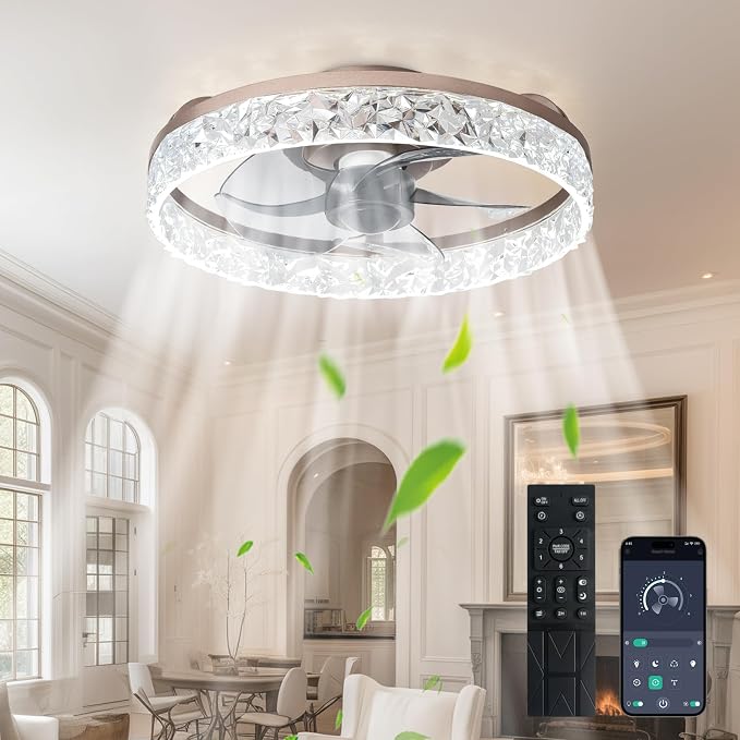 Depuley Ceiling Fans with Lights and Remote: 16" Modern Low Profile Flush Mount Ceiling Fan with App Remote Control - Brown Fandelier for Bedroom Living Room Kitchen Dimmable Quiet DC Motor