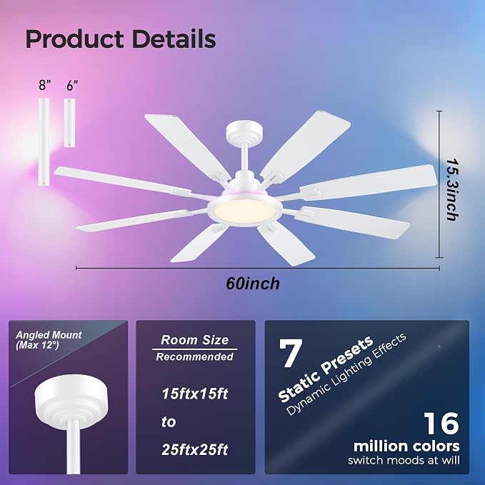 Ceiling Fan With Light & Remote Indoor/Outdoor Use 60 Inch RGB White | Remote Control,RGB Dimmable,Reversible DC Motor,3CCT,Timer,Noiseless,Ceiling Fan for Bedroom Living Room