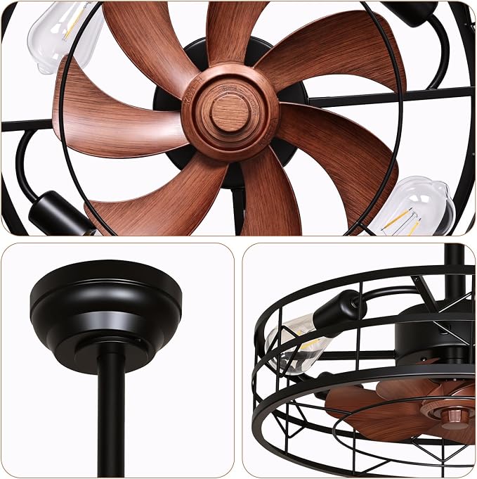 TCL 20 Inch Caged Ceiling Fans with Lights and Remote, Low Profile Flush Mount Fandelier, Rustic Farmhouse Style Ceiling Fans for Bedroom,Kitchen,Living Room,Easy to Install
