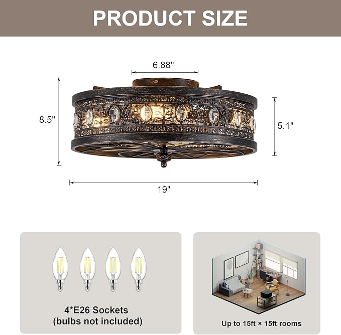 19" Vinctorian Caged Ceiling Fan with Light Flush Mount Fandelier | Vintage Rustic Crystal Chandelier, Low Profile Small Enclosed Bladeless Fandalier for Bedroom Entryway, 4 E26 Bulb Bases