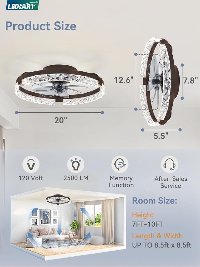 LEDIARY 2 Pack 20 Inch Ceiling Fans with Lights and Remote, Fandelier Modern Low Profile Ceiling Fan, 3000K-6000K Dimmable LED Fan Light, Brown Flush Mount Ceiling Fans with Lights for Bedroom