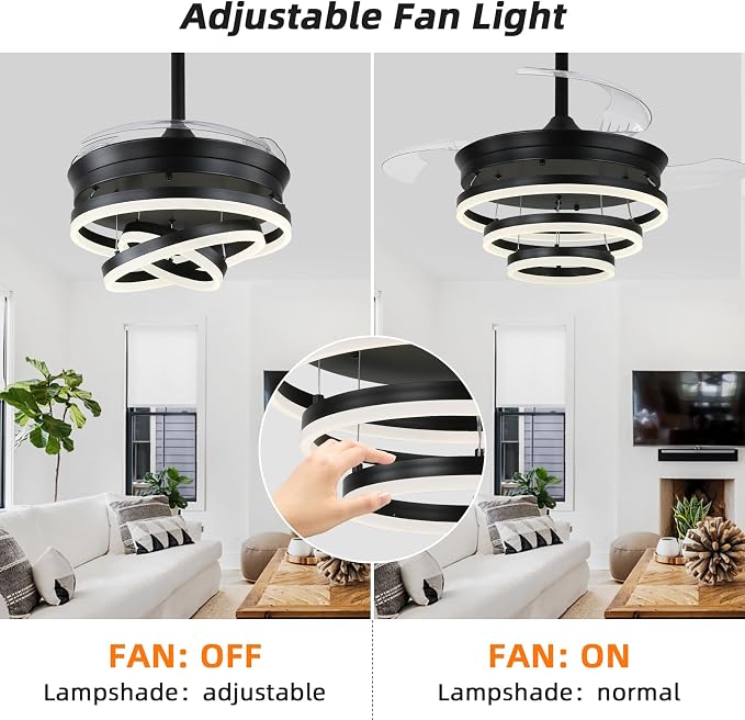 Retractable Ceiling Fan with Lights,Dimmable,6 speeds,DC Motor,36 inch Modern DIY Black Ceiling Fan with Lights Remote Control for Bedroom Living Room Kitchen