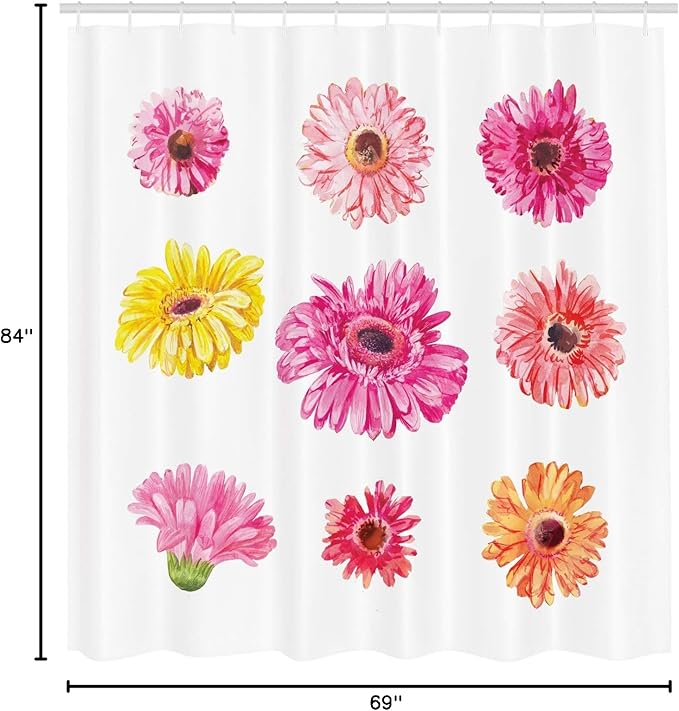 Ambesonne Daisy Shower Curtain, Gerbera Flower Heads in Pink and Yellow Shades Watercolor Aquarelle Art Floral, Cloth Fabric Bathroom Decor Set with Hooks, 69" W x 84" L, Multicolor
