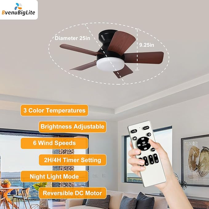 Ceiling fans with lights and Remote: 25 Inch Ceiling Fan with Light Low Profile - Flush Mount Ceiling Fan 5 Blades Reversible 3CCT Dimmable Noiseless for Bedroom (Black& Walnut)