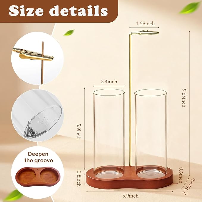 Incense Holder for Sticks 2 in 1 Incense Burner Holder with Storage & Ash Catcher Wooden Base, Glass Vessels, Metal Clip for Meditation, Yoga, Spa, Home & Garden Decor