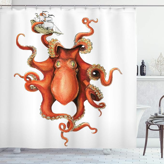 Ambesonne Octopus Shower Curtain, Kraken Octopus Holding Sailing Ship in Tentacles Mythical Monster Nautical Theme, Cloth Fabric Bathroom Decor Set with Hooks, 69" W x 75" L, Orange White