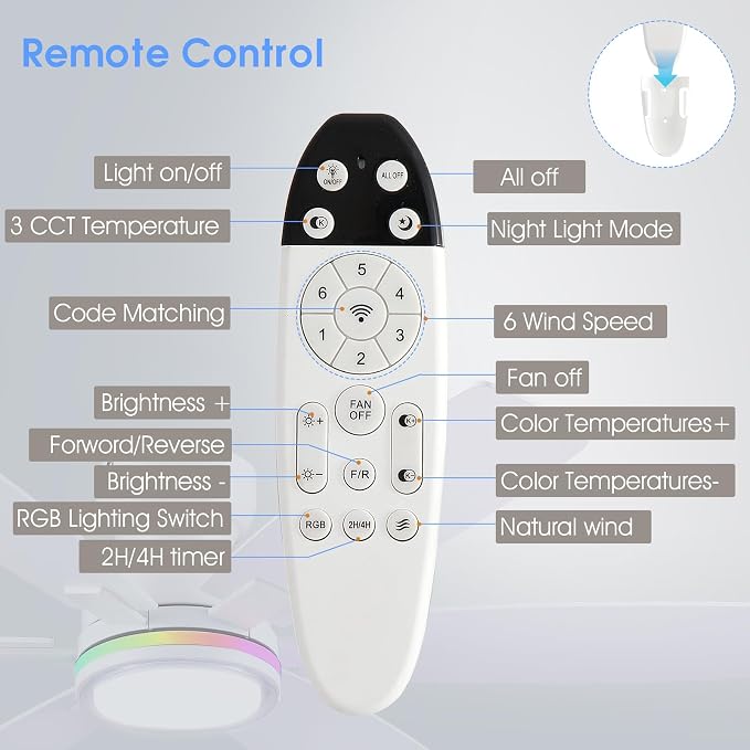 Kviflon 52 in Ceiling Fans with RGB Lights Remote/APP Control, Flush Mount Ceiling Fans, Double-Sided 6 Reversible Blades, RGB Ring Lights+3 CCT Dimmable Lights, Double Lampshade for Bedroom, White