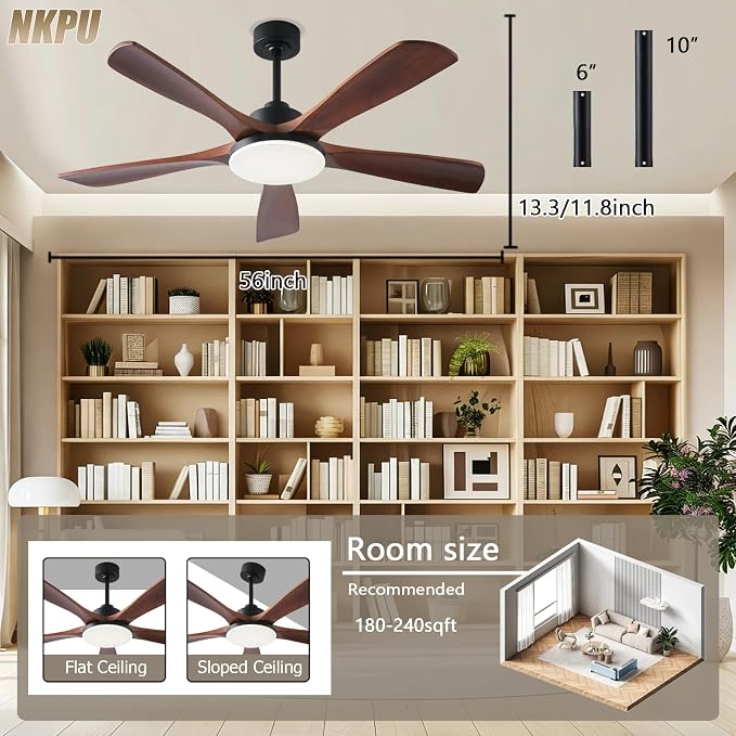 NKPU Ceiling Fans with Lights and Remote Control, 5 Solid Wood Blades, 3CCT Dimmable, Quiet DC Motor, 56 Inch Modern Outdoor Ceiling Fans for Bedroom Farmhouse Patios