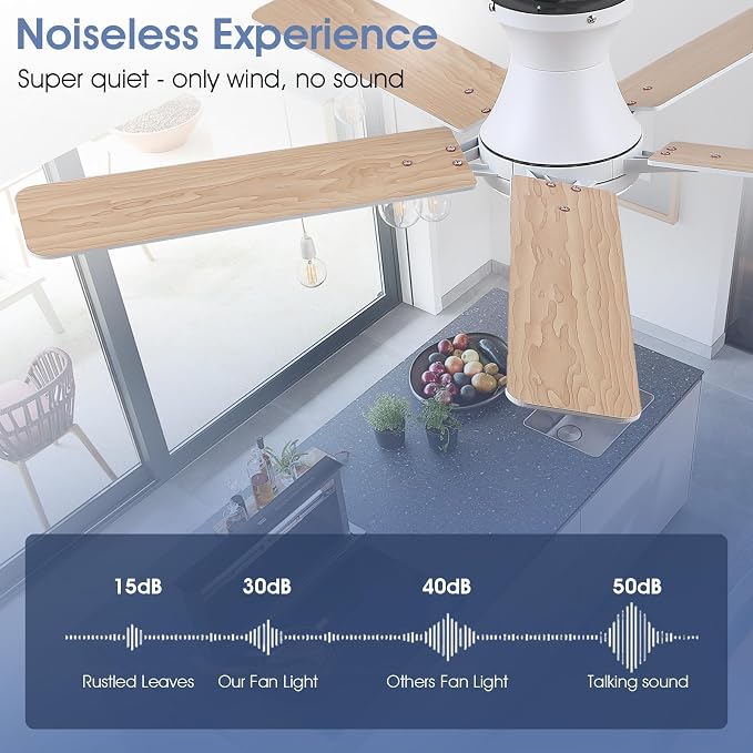 52"Modern White Low Profile Flush Mount Ceiling Fans with Light and Remote | Supports Remote and APP, 6 Wind Speeds, Reversible, Dimmable 3 Light Colors LED Light, Noiseless 30W DC Motor,2H Timer