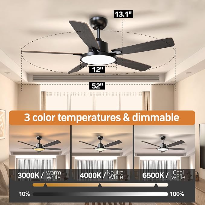 TALOYA 52 Inch Black Walnut Ceiling Fans with Lights Led Back Light Remote Control Flush Mount Low Profile for Bedroom Living Room Outdoor Patio,Reversible,DC Motor,3 Color Temperatures,5 Blades