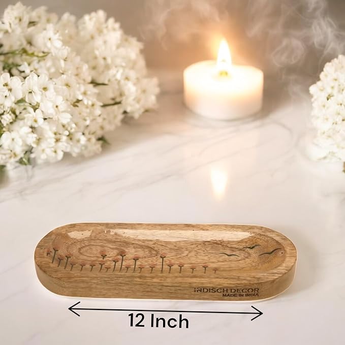 Rustic Wooden Incense Burner Holder - Handcrafted Mango Wood Insence Tray, Incense Burner/Incense Holder/Ash Catcher 12" Heat Resistant - Perfect for Meditation, Yoga & Aromatherapy (Brown)