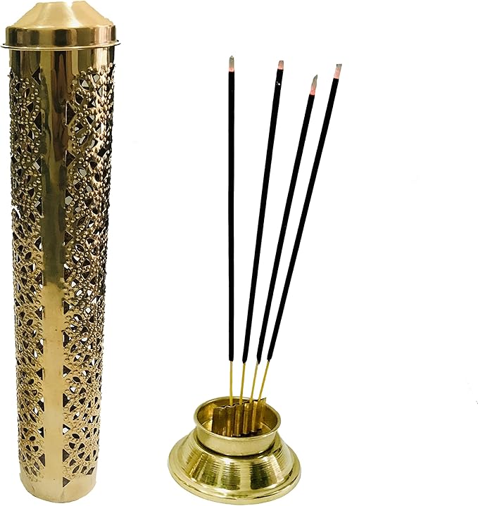Brass Incense Holder Burner Holder Agarbatti Stand Diwali Pooja Navratri Deepawali puja Aarti Ash Catcher for Positive Energy Size- Height- 10.2 inch