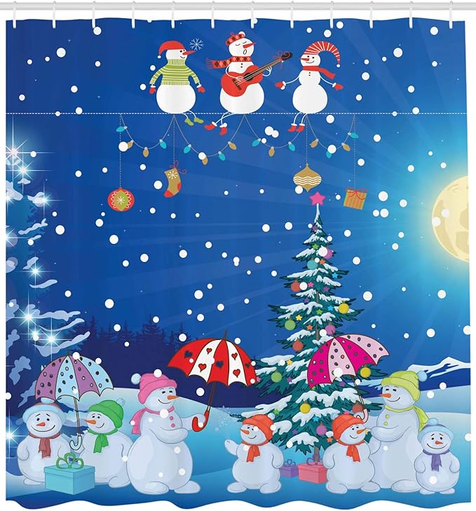 Ambesonne Christmas Shower Curtain, Jolly Snowman Party Winter Happy Cartoon Style Illustration, Cloth Fabric Bathroom Decor Set with Hooks, 69" W x 75" L, Multicolor Green