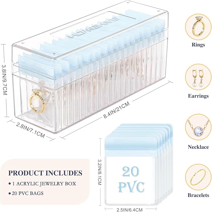 HOMEHIVE Acrylic Jewelry Box Organizer, Clear Jewelry Organizer Holder with 20 Portable Anti Tarnish Jewelry bags, Travel Jewelry Case for Earrings/Rings/Necklaces for Women Girls, Blue