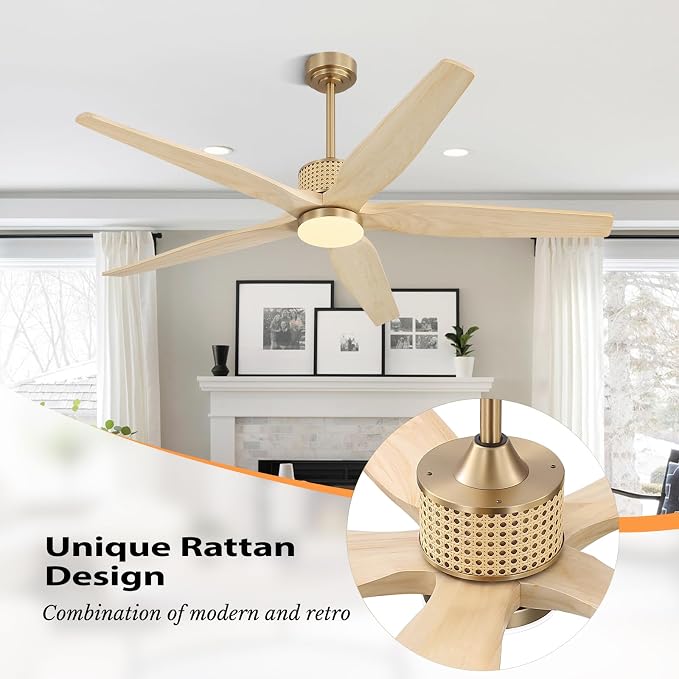 LEDLUX 60" Ceiling Fan with Light – Remote Control, Solid Wood, Quiet Reversible DC Motor, Light Oak/Gold Finish, Includes 4.5"/12" Downrods, Noiseless Ceiling Fan for Bedroom, Living Room, Porch