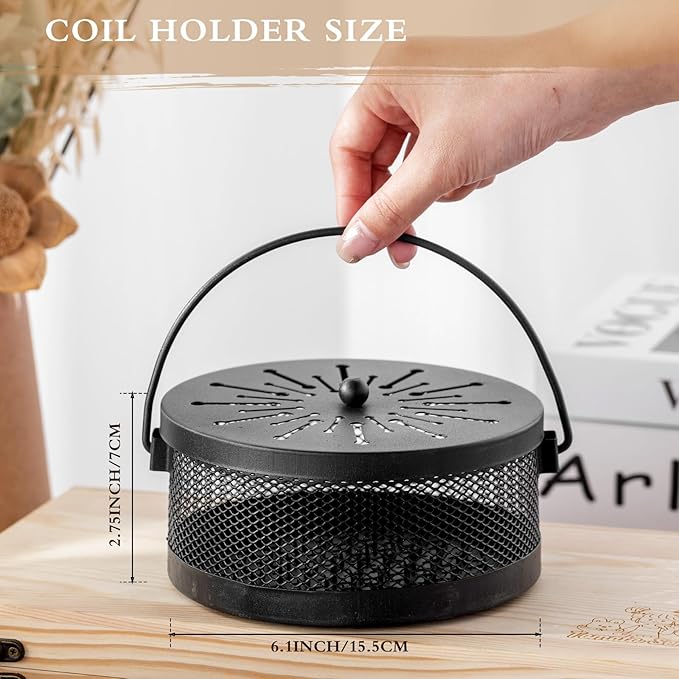 Lallisa 2 Pieces Mosquito Coil Holder Incense Coil Holder Round Retro Portable Metal Hanging Incense Burner Holders with Handle for Home Indoor Outdoor Camping Patio (Black)