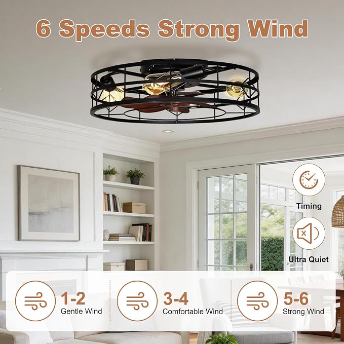 TCL 24 Inch Caged Ceiling Fans with Lights and Remote, Low Profile Flush Mount Fandelier, Rustic Farmhouse Style Ceiling Fans for Bedroom, Kitchen,Outdoor