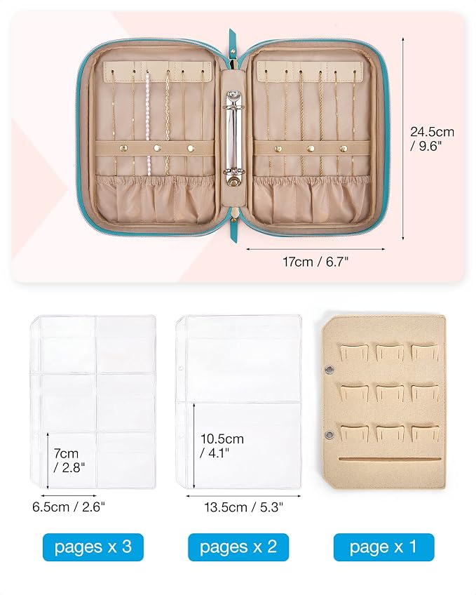 BAGSMART Jewelry Travel Organizer Case Ring Binder Storage Rolls, Teal | For Home Jewelry Storage, Ring Binder Clear Bags, Zipper Rolls Pouch, For Necklaces, Earrings, Rings, Bracelets
