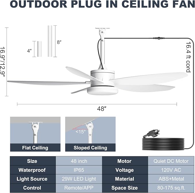 Outdoor Ceiling Fan with Lights, 48 Inch Plug in Gazebo Fans with Remote APP Control, Quiet DC Motor, Dimmable 3CCT, Waterproof Hanging Fans for Covered Patios, Porch, White