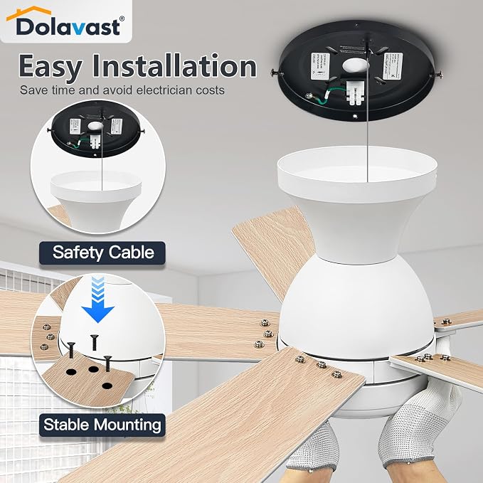 Ceiling Fans with Lights, 42 Inch Low Profile Ceiling Fan with Light and Remote Control, Flush Mount, Reversible, 3CCT, Dimmable LED, Quiet, White Ceiling Fan for Bedroom, Kitchen