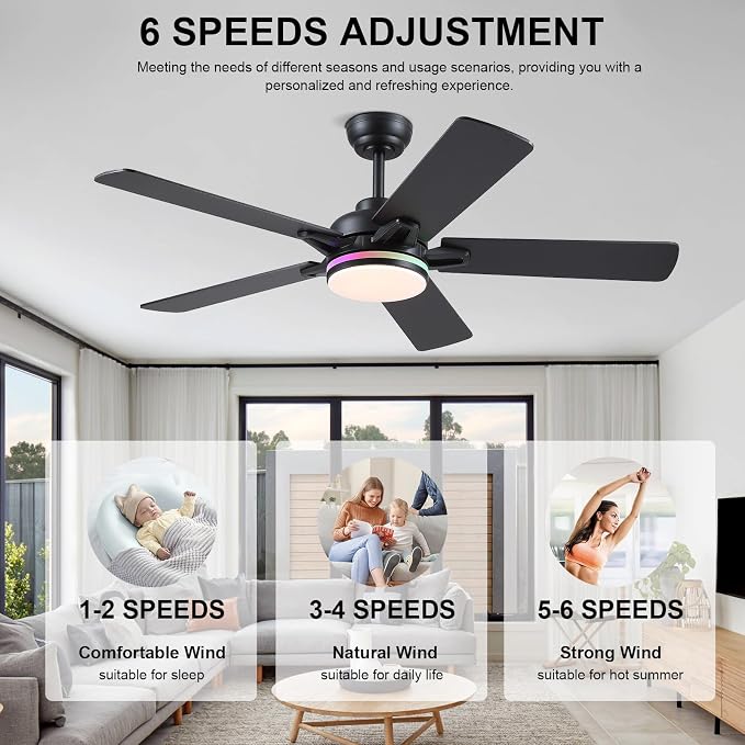 Kviflon 52 Inch Ceiling Fans with Lights, Modern RGB Ceiling Fans, Black Ceiling Fan with Light for Bedroom Living Room, Remote/APP Control, Reversible Quiet DC Motor, Dimmable LED, Wooden Blades