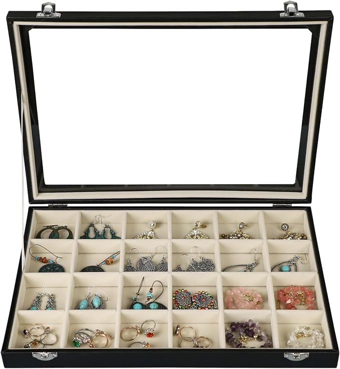 Stratalife 24 Grid Earring Organizer, Jewelry Holder Organizer with Lid | PU Leather Storage Box for Earring, Ring, Studs and Trinkets, Soft Velvet Drawer Organizer for Women, Dustproof, Beige Black