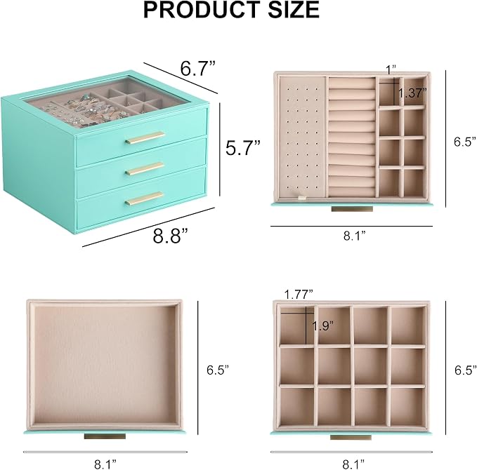 Frebeauty Jewelry Box for Women,Clear Lid Jewelry Organizer with 3 Drawers | Faux Leather,Velvet Lining,3 Layers,Jewelry Storage for Ring Earring Stud,Dustproof Design,Gift Choice,Golden Stylish Handle